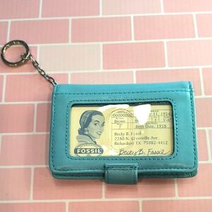 Fossil Teal Leather ID Holder Keychain, Internal Zip Pocket, NWT